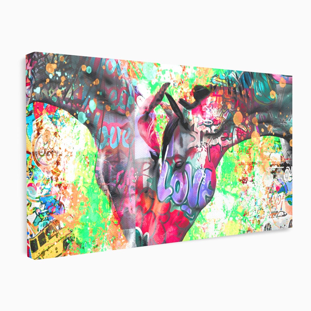 Tablou canvas cu tablou canvas cu doi cai si graffiti colorat, fara rama, pe sasiu de lemn